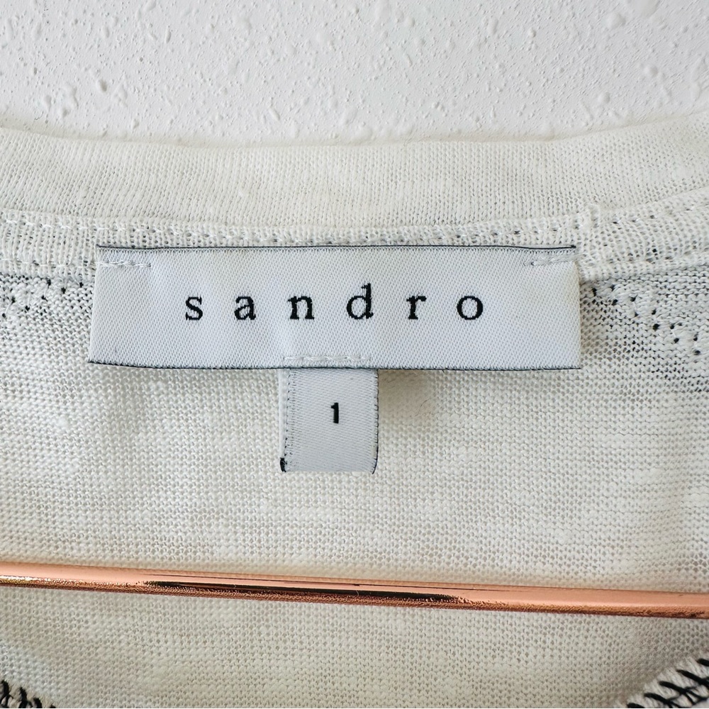 Sandro white linen black floral lace long sleeve T-shirt blouse top - Picture 10 of 10